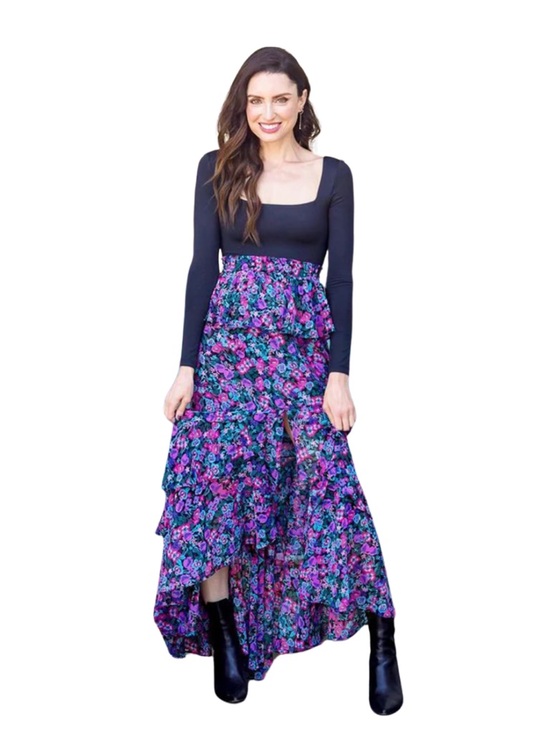 Misa Los Angeles Black High-Low Tiered Floral Skirt with Purple & Pink Blooms